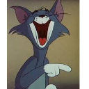 Tom Cat laughing with his mouth wide open while pointing his finger.
