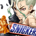 Senku Ishigami from Dr. Stone holding out a Snickers bar towards the viewer.