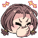 Anime girl with brown hair covering her mouth with both hands while struggling to contain a laugh.