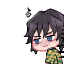 Giyu Tomioka from Demon Slayer looking bored and annoyed with a faint swirl symbol above his head.