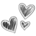 Three hand-drawn white hearts glowing against a dark background.