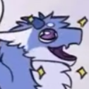 A blue and white dragon with a wide, happy grin and sparkling stars around its head.