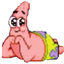 Patrick the starfish with wide, sparkling eyes looking up in adoration.