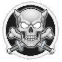 Skull with horns and glowing eyes positioned above two crossed swords in a circular frame.