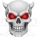 A white skull with small horns and glowing red eyes looking forward.