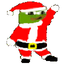 Pepe the Frog wearing a Santa suit and hat while dancing.