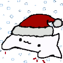 Bongo Cat wearing a red Santa hat with white trim, set against a background of falling snow.