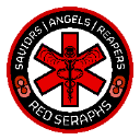A circular emblem with a red star of life symbol and wings, surrounded by text on a black background.