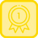 Gold medal icon with a circular center and ribbon tails.