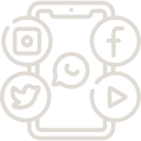 Smartphone icon surrounded by various social media platform symbols in a flat line-art style.