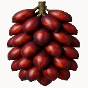 A dense bunch of oval-shaped, deep red tropical fruits hanging from a stem.