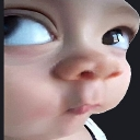 Baby face with a wide-angle lens effect looking sideways with a skeptical and judging expression.