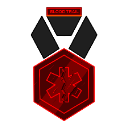 A glowing red hexagonal medal with a star symbol suspended from a dark gray ribbon.