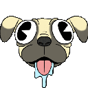 A cartoon pug with oversized eyes and a tongue lolling out with drool dripping down.