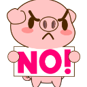A pink cartoon piglet looking angry while holding a white sign that says NO! in bold red letters.