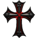 Ornate gothic cross featuring black filigree and red accents on a black background.