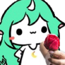 A cute cartoon character with green hair holds out a red rose towards the viewer.