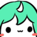 A stylized character with green hair and a blushing face showing a happy expression.