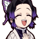 Shinobu Kocho smiling brightly with her eyes closed in an anime art style.