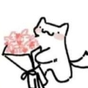 A simple line-art cat holding a large bouquet of pink flowers.