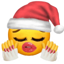 A yellow smiley face wearing a red Santa hat, making a kissy face and holding up hands with long manicured fingernails.