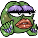 A green frog character with exaggerated purple eyeshadow, long eyelashes, and glossy lips, holding its hands up with sparkli…