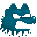 A pixelated blue wolf head snarling with glowing white eyes.