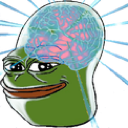 Pepe the Frog with an enlarged, translucent skull and a glowing, detailed brain.
