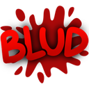 Text reading BLUD in a rounded font over a large red paint splatter.