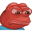 A red frog face with narrowed eyes and a tight, frowning mouth expressing intense anger.