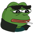 Pepe the Frog wearing dark sunglasses and a black leather jacket with a cigarette in his mouth.