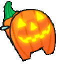 A pumpkin-shaped Among Us crewmate with a glowing jack-o'-lantern face and a purple backpack walking across the screen.