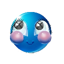 Blue circular character with large glossy eyes and bright pink blushing cheeks looking upward.