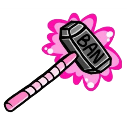 A gray hammer with the word BAN written on it, surrounded by a pink explosion effect.
