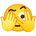Yellow emoji face peeking through fingers with one eye visible.