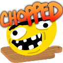 Manic yellow smiley face with wide eyes and a toothy grin sitting on a wooden cutting board under a Chopped logo.