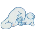 A small white creature sleeping peacefully while hugging a tiny blue teddy bear.