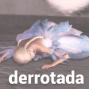Character lying face down on the ground in a pose of total defeat with the text derrotada below.