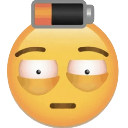 Yellow face emoji with drooping eyes and a flat mouth, wearing a low battery icon on its head.
