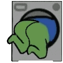 A green humanoid figure is wedged head-first into the circular opening of a gray washing machine.