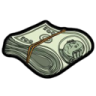 A thick stack of green hundred-dollar bills tied together with a brown band.