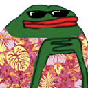 Frog wearing black sunglasses and a pink floral Hawaiian shirt.