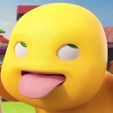 A yellow 3D creature with wide eyes sticking its pink tongue out in a silly expression.