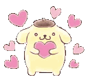 Pompompurin the yellow puppy holds a pink heart while surrounded by floating pink hearts.
