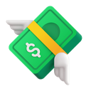 A stack of green paper currency with a yellow band and white wings attached to the sides.