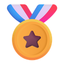 Gold medal with a purple star in the center and a red, white, and blue ribbon attached.