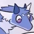 A blue dragon character with a white muzzle tilting its head with large, curious eyes.