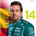Fernando Alonso wearing a green racing suit with the Spanish flag in the background.