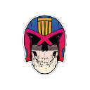 A human skull wearing a blue and red futuristic helmet with a gold crest.
