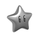 A metallic silver star with a simple face and two oval eyes.